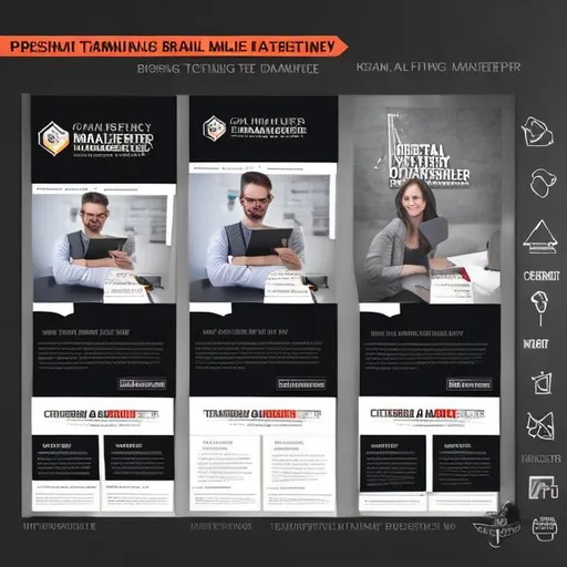 Prompt: Design Prompt:

Title: Create a Stunning Brand Maker Digital Marketing Academy Template

Description: We need an eye-catching and professional design template for our digital marketing academy, "Brand Maker Digital Marketing Academy." The design should reflect the modern and dynamic nature of digital marketing while maintaining a sense of professionalism and credibility. The template will be used for various marketing materials, including brochures, flyers, and social media posts.

Key Elements:

Logo: Incorporate our academy's logo into the design. (You can use a placeholder for the logo in the initial design.)

Color Scheme: Utilize our branding colors (please provide the color codes) for a consistent look.

Typography: Choose fonts that align with our brand's identity and make the content easily readable.

Images/Illustrations: Use high-quality images or illustrations that relate to digital marketing, education, and technology. (You can use placeholders for images in the initial design.)

Content: Integrate the content provided in the "Brand Maker Digital Marketing Academy" sample content.

Design Deliverables:

Template design for brochures and flyers (front and back)
Template design for social media posts (Instagram, Facebook, Twitter)
High-resolution design files in formats suitable for both print and digital use (e.g., PDF, PSD, or AI)
Additional Guidelines:

The design should be clean, modern, and visually appealing.
Maintain a professional and credible look that instills trust in our academy.
Ensure that the template is adaptable for various marketing materials and social media platforms.
Feel free to use your creativity and design expertise to create a template that effectively represents our digital marketing academy. We look forward to seeing your creative ideas!




