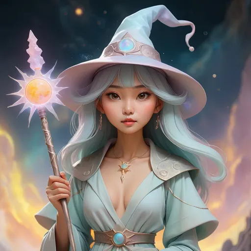 Prompt: Dreamy pastel full body portrait of a Taiwanese woman wizard, barite wizard hat with suns on hat, holding a metal wand, small bare chest, inviting facial expression, inviting body pose, beginning of the universe background, ethereal atmosphere, soft focus, high quality, pastel art, ethereal, mystical, dreamy full body portrait, soft pastel colors, little attire, magical, enchanting, detailed barite hat with suns on hat, intricate metal wand, soft lighting, ethereal atmosphere