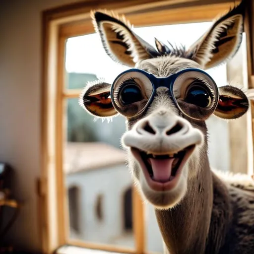 Prompt: Funny smiling donkey with a big eyes wearing glasses, and popping his head through an open window of house as folks strolling down the street.