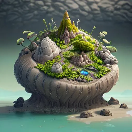 Prompt:   Metal shell crab character ,Zahara, clouse-up,
 hyperrealistic, photorealistic, ultra-detailed, intricate details, unreal engine, octane render, bioma of sand, cavern in the sand   and amazing landscape ,rocks and gigant green fern, 4k. A vine covered tutor in the style of alexander jansson and gediminas pranckevicius mystical, magical, bloosom, volumetric lighting.