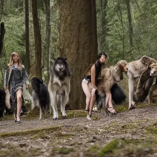 Prompt: a fashion show by a pack of animals in a dense forest