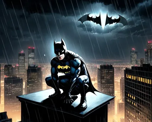 Prompt: painting of batman, crouching on a rooftop, comic style artwork, cinematic lighting, at night, rain, highly detailed, 64k,