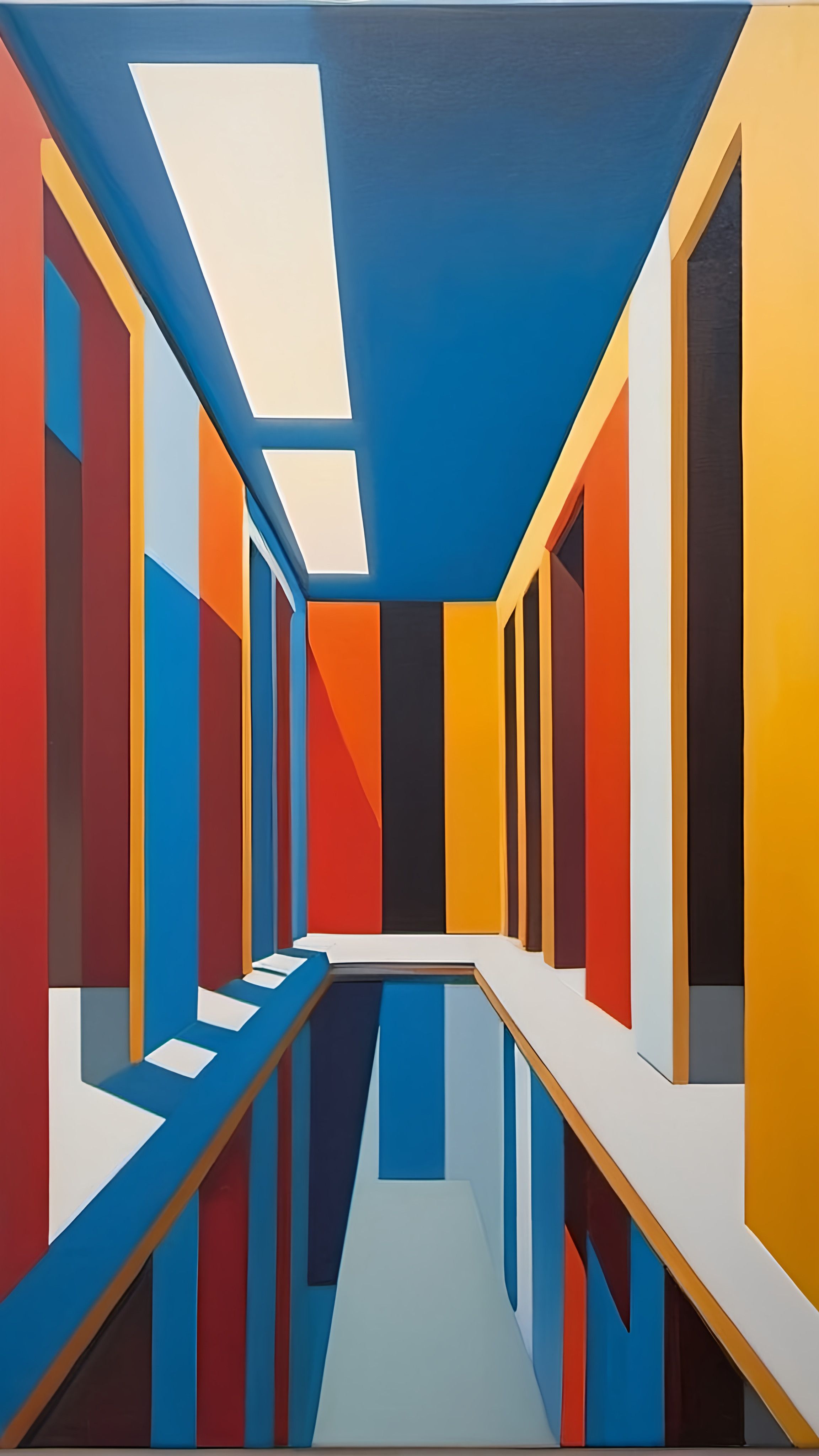 Prompt: a painting of a hallway with a pool in the middle of it and multiple colored walls and floors in the background