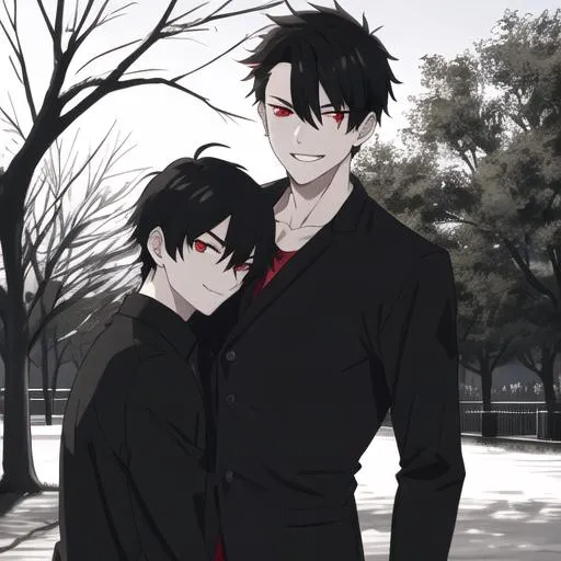 Prompt: Damien (male, short black hair, red eyes) in the park at night, grinning sadistically, casual outfit, dark out, nighttime