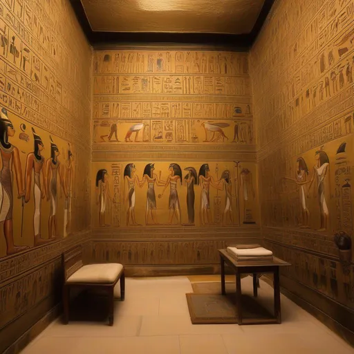 Prompt: An ancient egyptian golden room, walls full of hieroglyphs and paintings