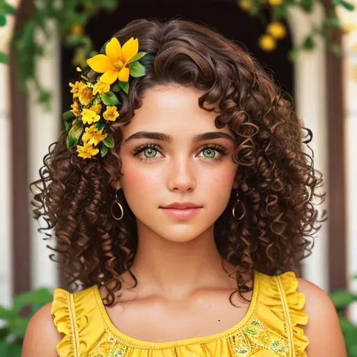 Prompt: A girl with curly brown hair ,green eyes, wearing yellow, yellow flower in her hair, facial closeup