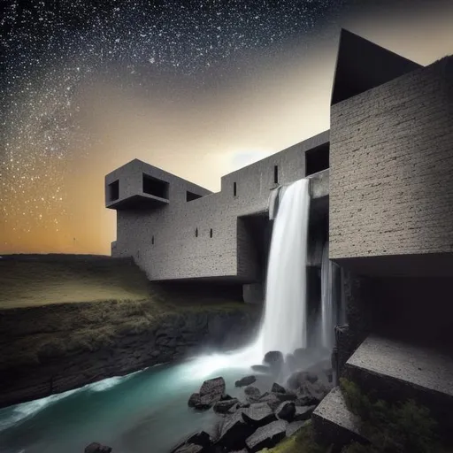 Prompt: a castle on the edge of a waterfall, brutalist architecture