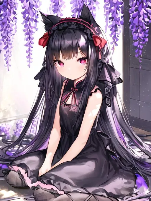 Prompt: masterpiece, black long-straight hair girl, black cat ears, cute, white shirt, grid pattern headband with red Chinese knot at the end, purple fairy dress, purple wisteria flower background, blue hydrangea macrophylla in front view, sun light, ribbon, sit