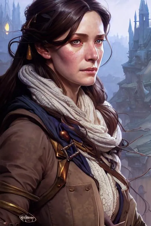 Prompt: realistic portrait of a dnd woman baroness, D&D, brown hair, brown eyes, highly detailed, concept art, smooth, art by artgerm and greg rutkowski and alphonse mucha and simon stalenhag, ambient lighting, fantasy, full view, close up to face, highly detailed face, sharp face, blue clothes and coat