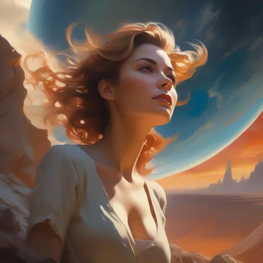 Prompt: close-up, Create a high-resolution head and shoulders painting of a planet-sized, gorgeous giantess bursting out of the Earth's crust. The scene should be intense and dramatic with cinematic lighting that highlights her stunning features. The artwork should be inspired by the styles of Norman Rockwell, Craig Mullins, and Ross Tran, and should be in 4K resolution. The focus should be on the giantess's face and upper body as she emerges from the planet, and the overall effect should be awe-inspiring and powerful.