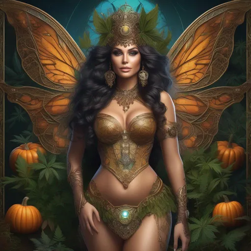 Prompt: Full body in shot. (Ultra-precise depiction), (Ultra-detailed depiction), (best quality).(beautiful and aesthetic:1.2) masterpiece. Halloween night.  Shes a ((colorful. steam punk, belly dancer Witch). A (spectacular intricate), winged. Cannabis fairy. A very beautiful,  buxom,  shapely woman. {{{{Anatomically real hands}}}}. colorful glowing  ultra  bright eyes, ((ultra detailed)), ((absurd res)), Epic.  (Octane render). {She is wearing a skimpy  colorful  gossamer flowing outfit}. {Sony a7 IV} , solo. trending on Artstation. Concept art.