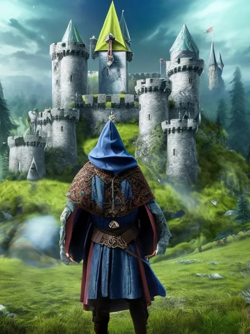 Prompt: Wizard standing in front of castle. Pagan symbols. Green hills, mushrooms.