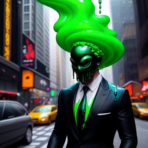 Prompt: a green drippy oozing slime humanoid in a black buisness suit, characters head explodes, on the streets of new york,Digital style painting,style of Pixar, Fragonard, highly-detailed, cinematic, washed out palette,light trails,iridescent, arms visible, perfect composition, hyperrealistic, super detailed, 8k, high quality, sharp focus, intricate details, highly detailed, dynamic lighting, detailed and intricate environment, highest quality