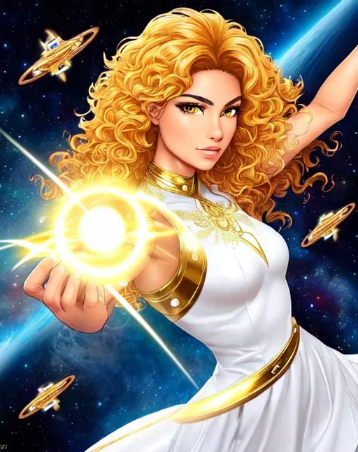 Prompt: A beautiful 15 year old ((Latina)) light elemental with light brown skin and a beautiful face. She has curly yellow hair and yellow eyebrows. She wears a beautiful white dress with gold. She has brightly glowing yellow eyes and white pupils. She wears a gold tiara. She has a yellow aura around her. She is using light magic in battle against a giant space monster. Epic battle scene art. Full body art. {{{{high quality art}}}} ((goddess)). Illustration. Concept art. Symmetrical face. Digital. Perfectly drawn. A cool background.