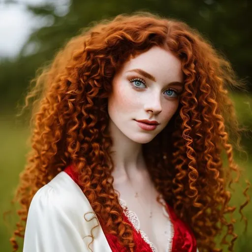 Prompt: Cottagecore scotland lass red long curly hair, yellow ambar eyes, pale skin with freckes 
Dressing robe a la francese