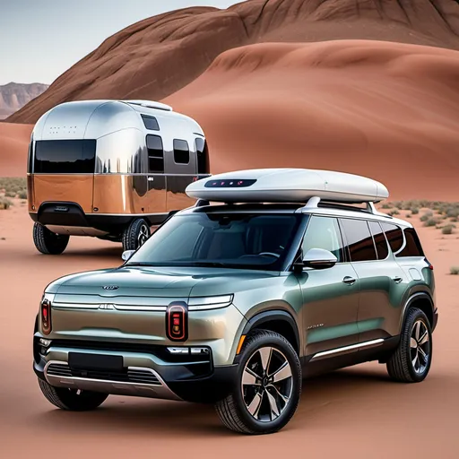 Prompt: a Rivian/Kia EV SUV that resembles a Luxgen URX, Carlmann King, Vintage Airstream, and Mars Rover. it is the color #008080