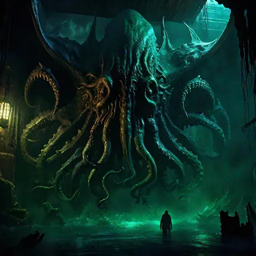 Prompt: R'lyeh interior, Cthulhus sunken hideout, giant deep sea ruins, sargasso, lurking bat winged tentacled humanoid monstrosity, dark and gritty, Hyperrealistic, splash art, concept art, mid shot, intricately detailed, color depth, dramatic, side light, foggy background, 8k resolution