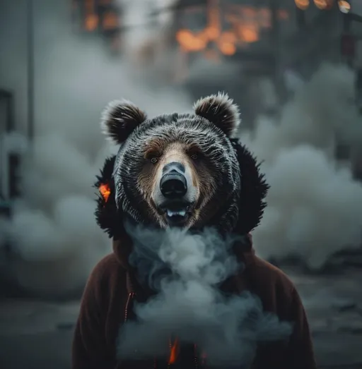 Prompt: brown, fluffy, wavy hair & brown eyes wearing a cute and cuddly bear orange green black grey orange, style cozy hoodie with bear ears on top, (((ON FIRE))), fire engulfs the background, Demon, horns, mask, smiling, (((zoomed out))), cyberpunk apocalypse, fire , sci fi, ruins, blood, midnight, 8k, highest quality, orange green black grey orange, sharp focus, studio photo, intricate details, highly detailed, UHD, HDR, 8K, ((Masterpiece))