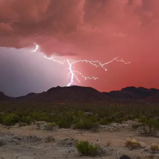 Prompt: Desert dark rain with thunder lightning blood red sky