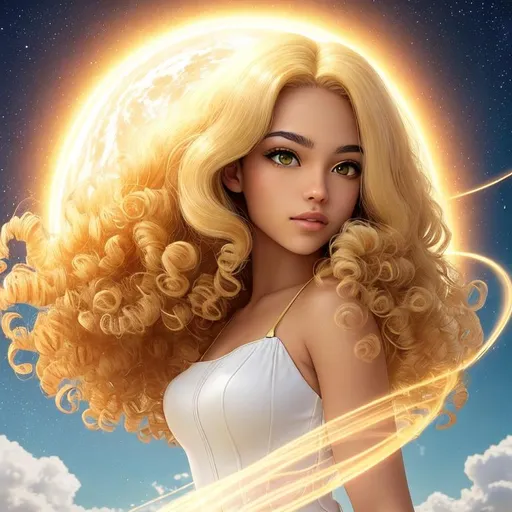Prompt: A beautiful 15 year old ((Latina)) light elemental with light brown skin and a beautiful face. She has curly yellow hair and yellow eyebrows. She wears a beautiful slim white dress with gold. She has brightly glowing yellow eyes and white pupils. She has a yellow aura around her. She is floating in the air in a beautiful open plain. Beautiful scene art. Scenic view. Full body art. {{{{high quality art}}}} ((goddess)). Illustration. Concept art. Symmetrical face. Digital. Perfectly drawn. A cool background. Five fingers