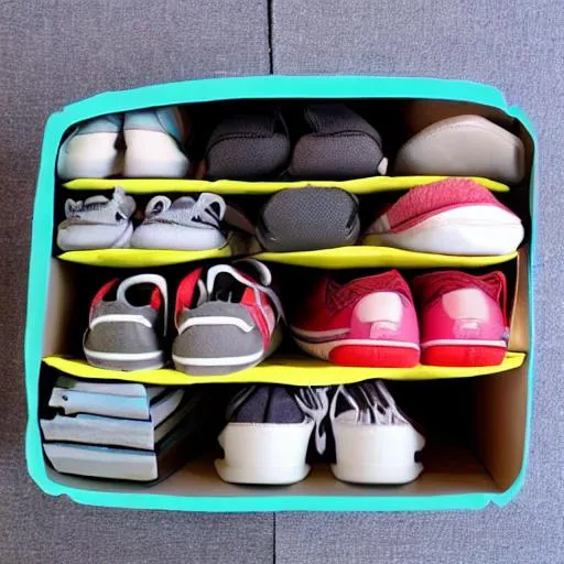 Prompt: a shoe box with two compartments, one for a pair of shoe and the other for socks

