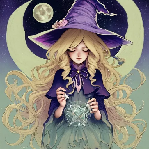 Prompt: witch with long blonde hair, cute, flowers, aesthetic, pastel, fairycore, steven universe, moon, stars, witchcraft, in a starry pastel sky, sweet, award winning illustration, artstation, highres