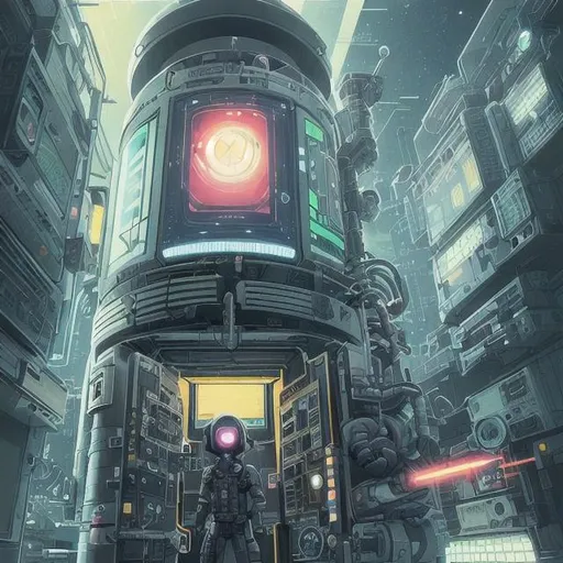 Prompt: Poster art, cute anamorphic extraterrestrial application security engineer defending an outpost, mainframe databank, grunge, ratlook, midnight, pitch black, medium shot, retro-futurism, by Masami Ohnishi and Steve Thomas and angus McKie, muted colors, prism, minimal