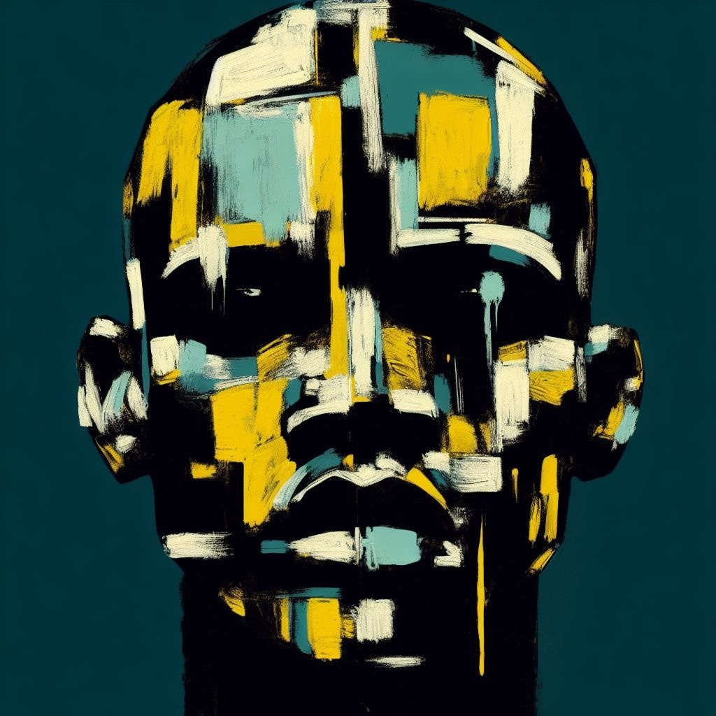 Prompt: barnett newman 1992 ifa man 'the head is an abstract paint on canvas, in the style of serge attukwei clottey, jean-michel basquiat, tim okamura, dark expressionism, digital neo-expressionism, oil on canvas, dark yellow and aquamarine