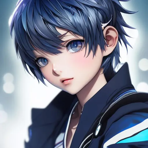 Prompt: pixiv, a 9 year old boy, silver white hair, short hair, deep blue eyes, detailed face, waist-up shot, HDRI, masterpiece, smooth, sharp focus, illustration, tattoo_black_horizontal_lines_on_cheeks, emo, pupiles, happy, casual cloths