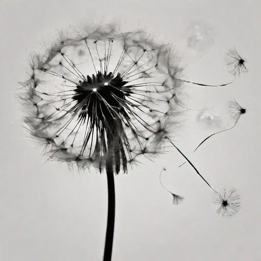 Prompt: Single Dandelion blowing seeds in the wind left justified black and white
