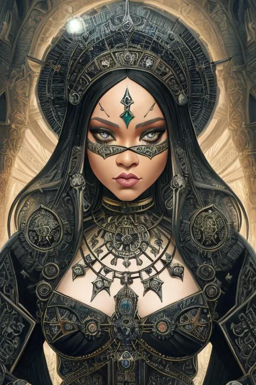 Prompt: symmetrical, close-up portrait (((((rihanna))))), beautiful, intricate, magical, sacred, grim frightening goddess of death and destruction, cathedral of dark forces, a black cult, the occult, sacred art, Hindu symbols, magical cyber clothes of a death priest, best artwork by Andrew Ferez by Dan Seagrave by Ian Miller by James Jean by Peter Lippmann by Evelyn de Morgan by Ismail Inceoglu by Bada Shanren  divine chaos engine, symbolist, visionary, art nouveau, sci-fi gothic fractal structures, organic, detailed, realistic, surreality, 