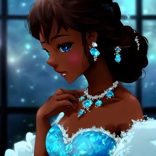 Prompt: Anime, Emperess, Blue eyes, Blue Ballgown, Blue Topaz earrings, brown skin, HD, 4k, High Quality, Effects.