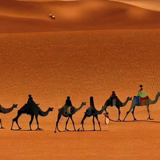 Prompt: Camels in the Sahara desert, cartoon illustration style