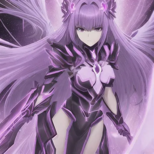Prompt: butiful electric girl x ray giant sword armour red tall wings long hair aestetic purple and a purple aura and shining purple orbe