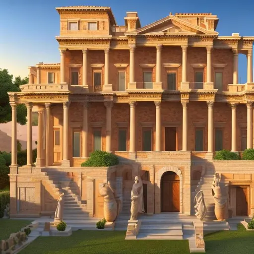 Prompt: An ancient roman villa (1st century b.c.) in perfect shape, photorealistic, highly detailed, vibrant colors, at sunset, seen from the outside