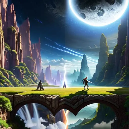 Prompt: (Hyperrealistic highly detailed wide shot of battle anthropomorphic light versus anthropomorphic dark)
Beautiful, anthropomorphic, epic scenery, magic, visual effects, tribal, destiny, fate of the world, day versus night, light versus dark shadows