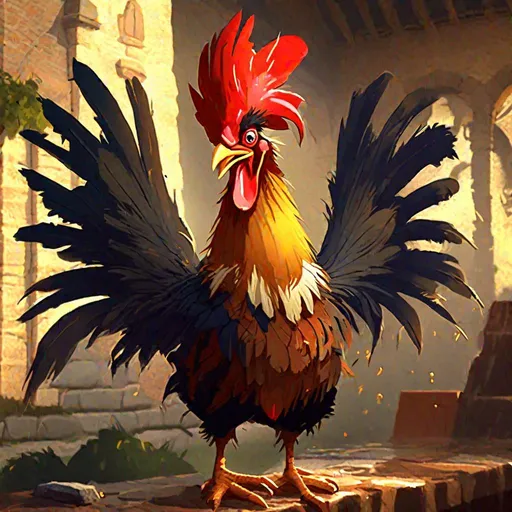 Prompt: (in dripping art style) Stunning Peter, The roosters of Alcaire Castle uphold their noble duty and make as much noise during daybreak as possible. Their screeching continues well into the morning, waking any lucky enough to miss out on their earliest morning calls, dripping with feathers, Masterpiece, Best Quality