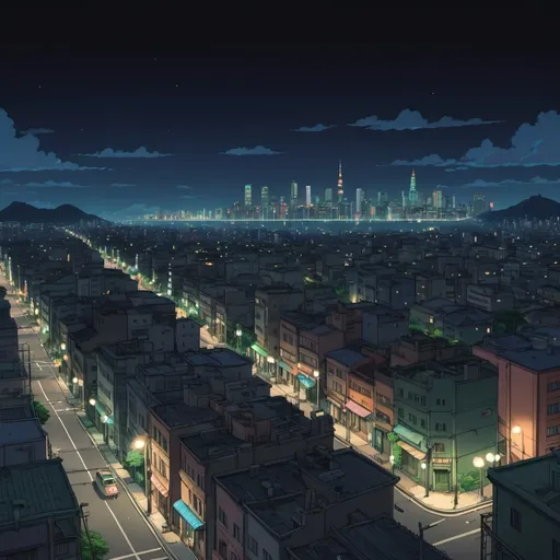 Prompt: Studio Ghibli 2D anime style. A scene where a city is in a blackout at night, the downtown area and rich area both located in the distance are unaffected and still have lights on.