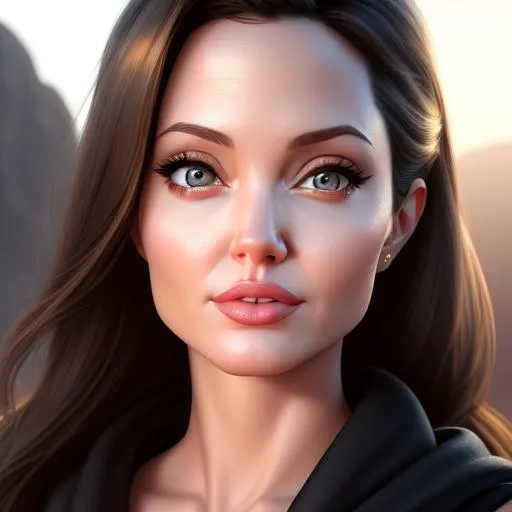 Prompt: Disney Pixar style angelina jolie, highly detailed, intricate, big eyes, adorable, beautiful, soft dramatic lighting, light shafts, radiant, ultra high-quality octane render, daytime mountain background,  bokeh, hypermaximalist