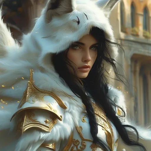 Prompt: (epic fantasy character art), a woman with (long flowing dark hair), wearing (white metallic armor) and a (white and gold furry cape), riding on a majestic mythical creature, capturing the grandeur of a fantasy realm, intricate detail, full of dynamic movement, rich textures, enchanted atmosphere, dramatic lighting, vivid contrast, inspiration from Aleksi Briclot's furry art, ultra-detailed, high quality.