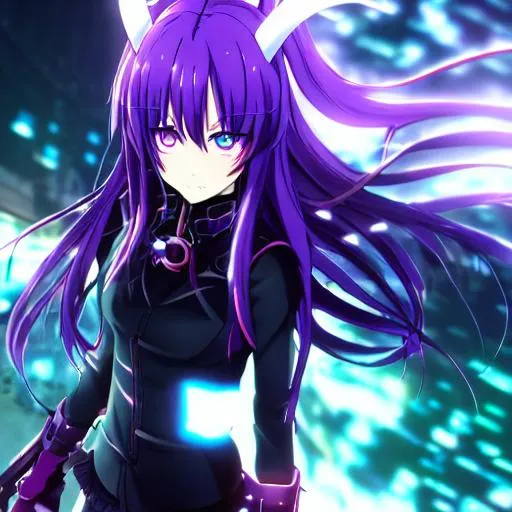 purple hair, long hair, Yatogami Tohka, Date A Live, Light Novel, purple  background, purple, anime girls, anime, edit, city, building, glowing eyes,  city lights, night, Japanese