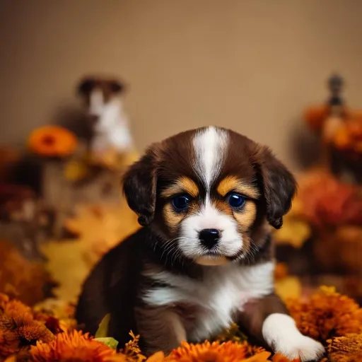 Prompt: A cute little puppy in a boutique of autumn colored flowers looking at the camera 