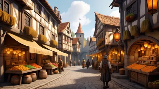 Prompt: (cozy medieval town marketplace), fantasy style, warm color scheme, vibrant hues of gold and amber, charming stalls displaying fruits and handmade crafts, townsfolk engaged in friendly conversations, ancient buildings with intricate architecture, lanterns softly glowing, detailed cobblestone streets, an inviting atmosphere, picturesque background with rolling hills, high-quality (4K) ultra-detailed imagery.