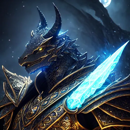 Prompt: Fantasy d&d style, a hyper realistic detailed image of black dragonborn, gold scales, dragonborn fighter, covered in moonlight glow, body facing camera, camera top third of image, perfect composition, super detailed, sharp focus HDR, UDR, 120k,  glowing blue armor, black shoulder plates, dragon horns, burning cinder eyes, blue moon fantasy background, moonlight greatsword, d&d