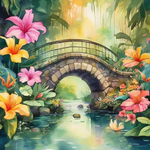 Prompt: Large stone bridge over jungle tropical creek in Gouache Style, with lush spring garden in vibrant blooms, with a kaleidoscope of flowers and vines set against warm, golden light. Soft focus on flower petals and crisp details on delicate water droplets create a dreamlike atmosphere to add a touch of magic; watercolor masterpiece, gouache watercolors textured on canvas, 4K resolution, matte painting; clean and precise; perfect; no flaws; dynamic lighting; volumetric lighting; mid-morning lighting and shadows; no people; no one; no person.