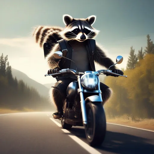 Prompt: A friendly humanoid Raccoon riding a bigtrail motorcycle in a open road. realistic photography