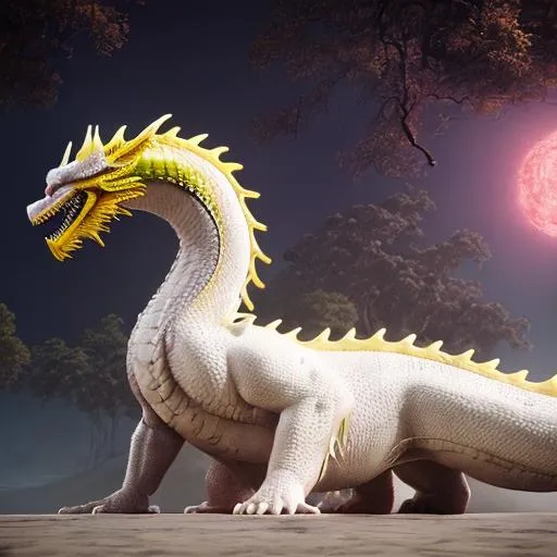 Prompt: emperor's white dragon with glowing yellow eyes, floating sky palace background, old chinese style, hyper realistic