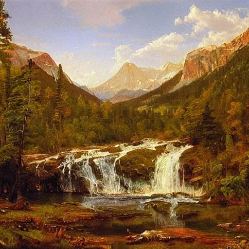 Prompt: Colorado, pond, waterfall, oil painting by Frederic Edwin Church