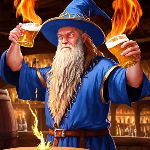 Prompt: wizard, beard, beer, lightning, fire