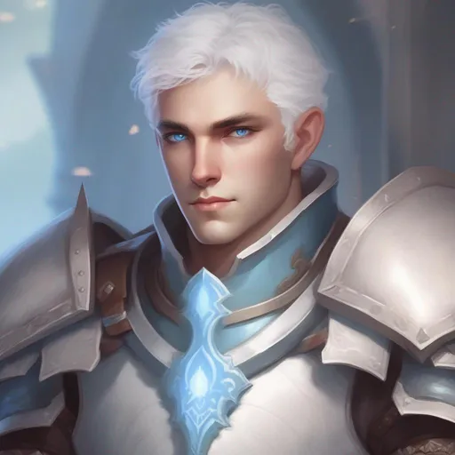 Prompt: dnd a man with short fluffy white hair wearing plate armor with light blue eyes